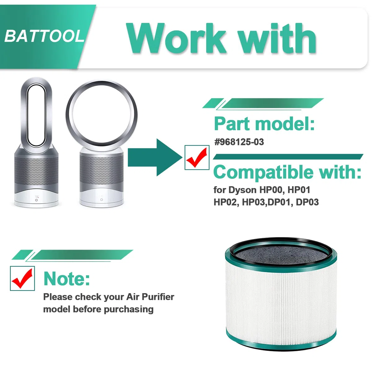 Filtro di ricambio HEPA per depuratore d'aria Dyson, filtro intercambiabile compatibile con Dyson HP02 HP01 HP00