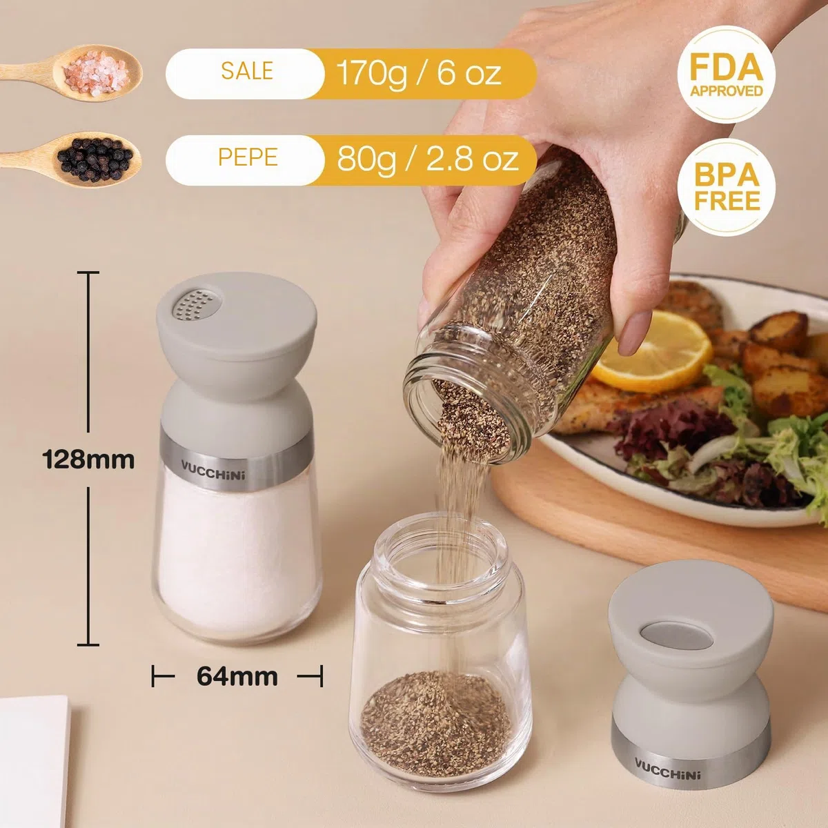 Vucchini Set di Saliera e Pepiera,3 Modalità,Completamente Rimovibile,Lavabile in Lavastoviglie,Grigio