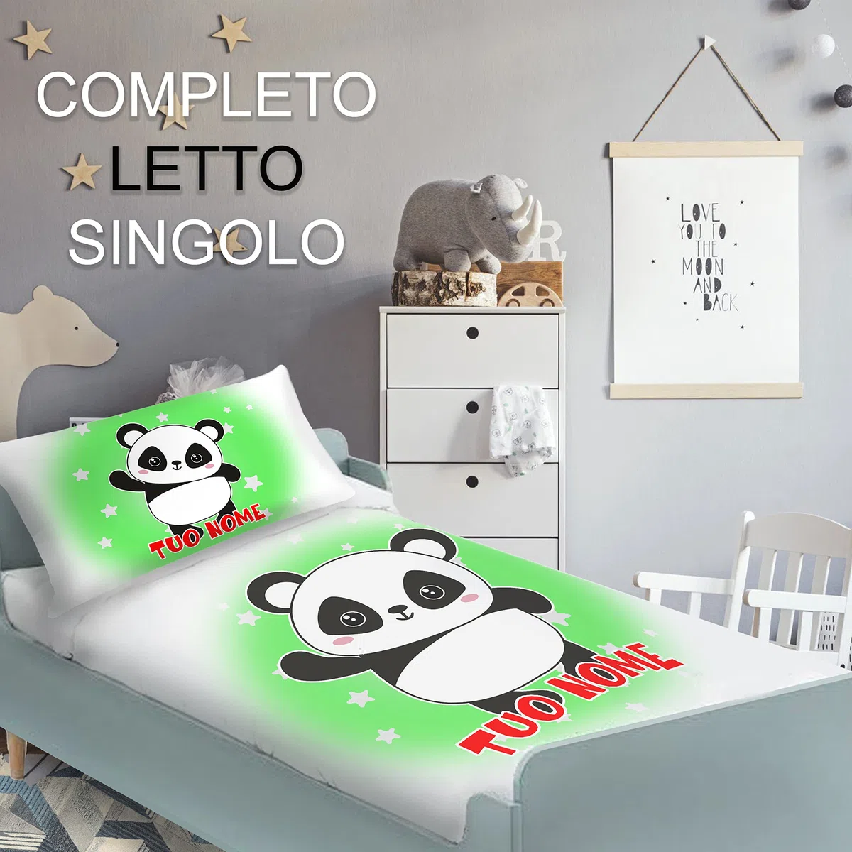 Completo Lenzuola - NOME Personalizzato - Panda - Simpatico - Bimbo - Bimbo - Bambina - Federa Cuscino - Lenzuolo letto - Idea regalo