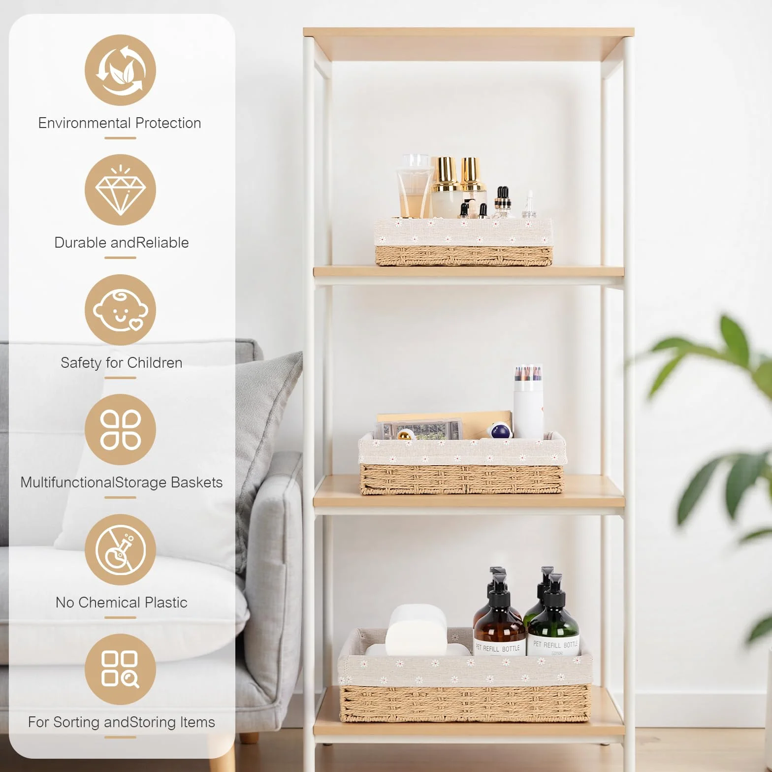 FoiiLiio Cestino Portaoggetti, Set di 3 Cestino Portaoggetti e Porta Giocattoli, Cesto in Corda di Carta, cestini portaoggetti Bagno Bambini per Camerette, Bagno, Cassetti, Cucine, Soggiorno (Beige)