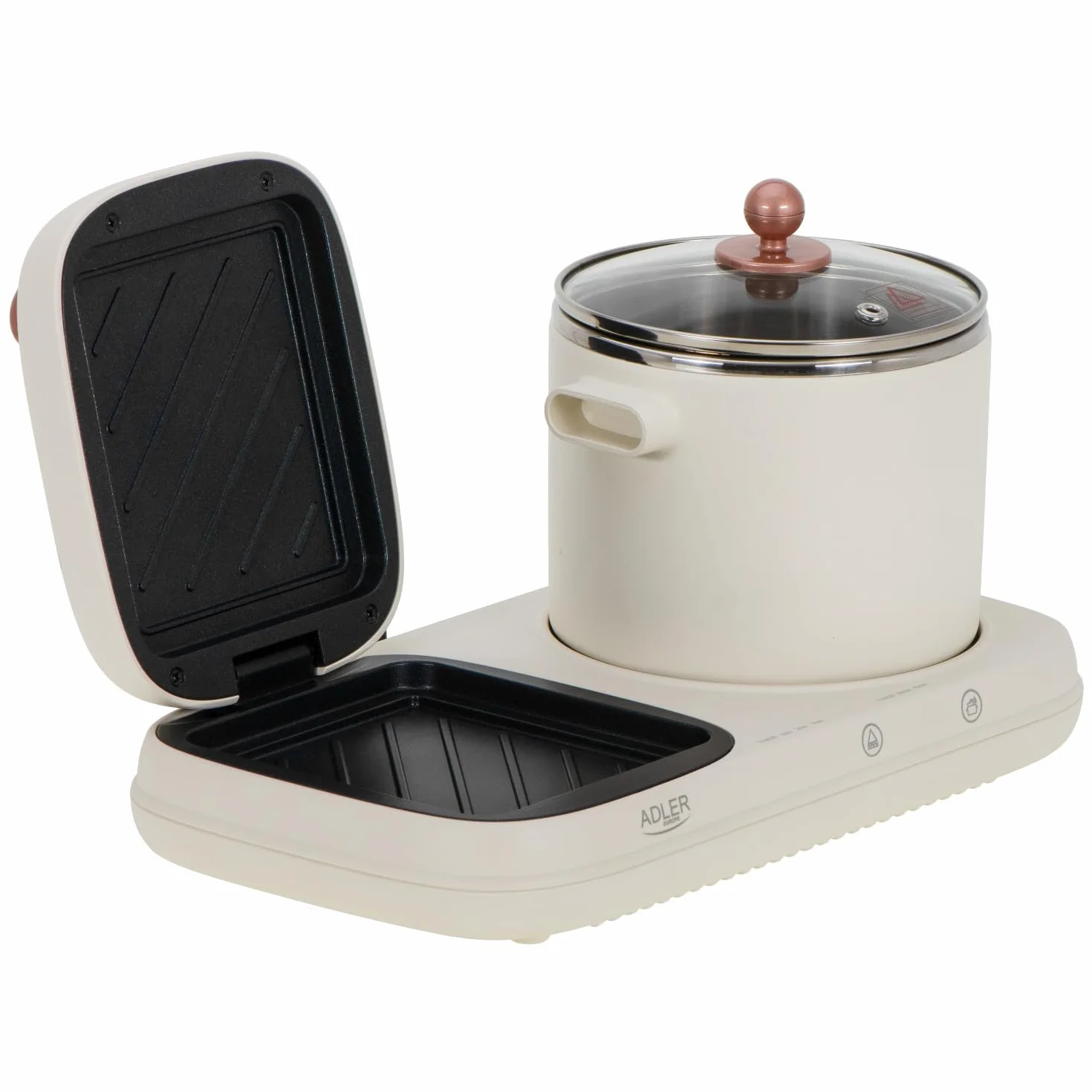 ADLER EUROPE AD 6421 Stazione di colazione 2 in 1 con pentola da 1,0 L e superficie antiaderente per griglia | Design retrò | per piccole cucine | Multifunzionale 1100-1320 W