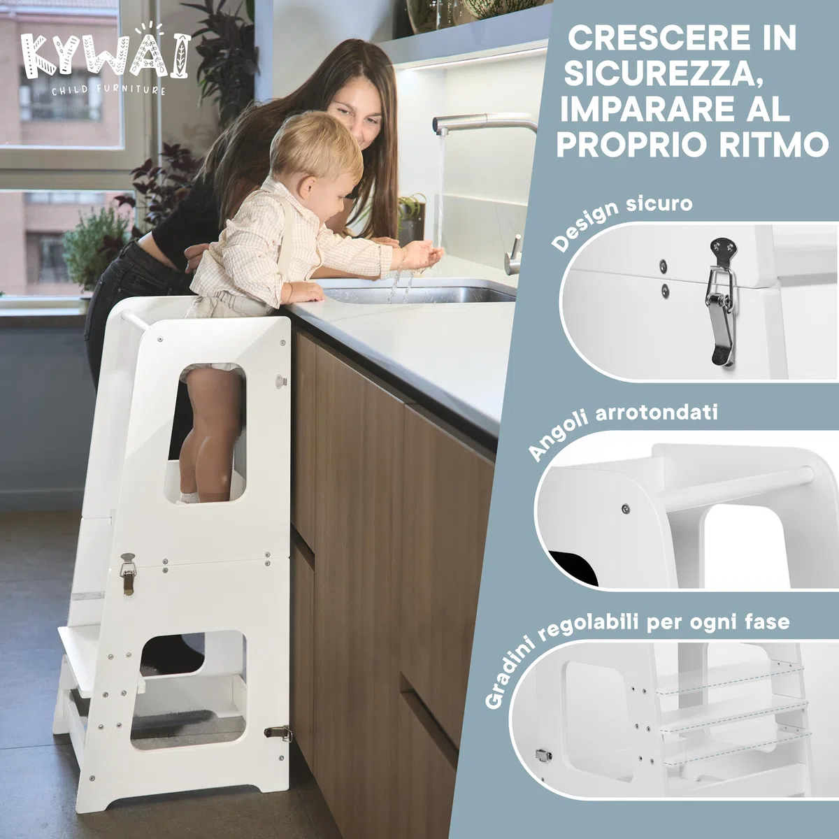 Torre Montessoriana Bambini Premium 3 en 1 Convertibile in Scrivania e Sgabello - Torre Montessoriana Pieghevole - Azienda Sostenibile Impegnata nella Riforestazione, Struttura Solida (Bianco)