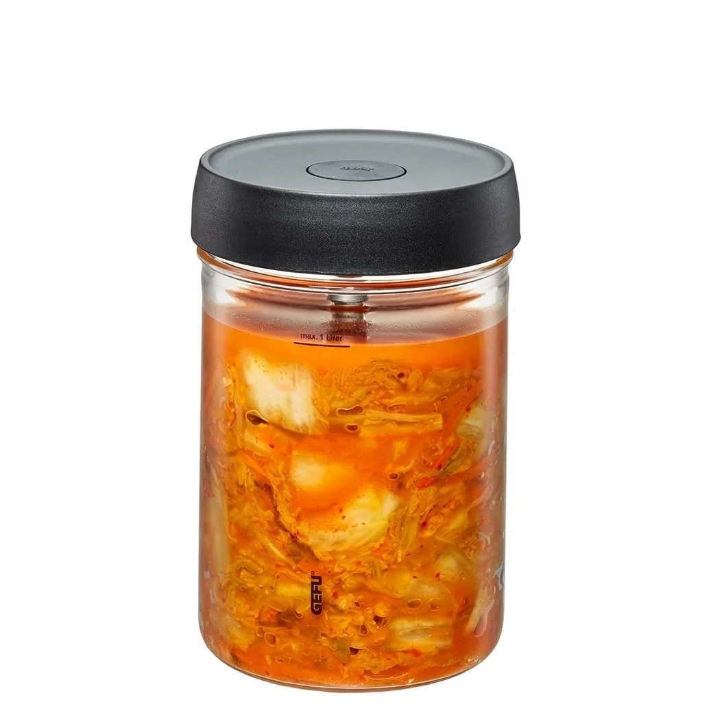 GEFU NATIVO - Bicchiere da fermentazione da 1 litro, con peso di ponderazione, vetro fermentazione con peso e coperchio, trasparente, da inserire e fermentare