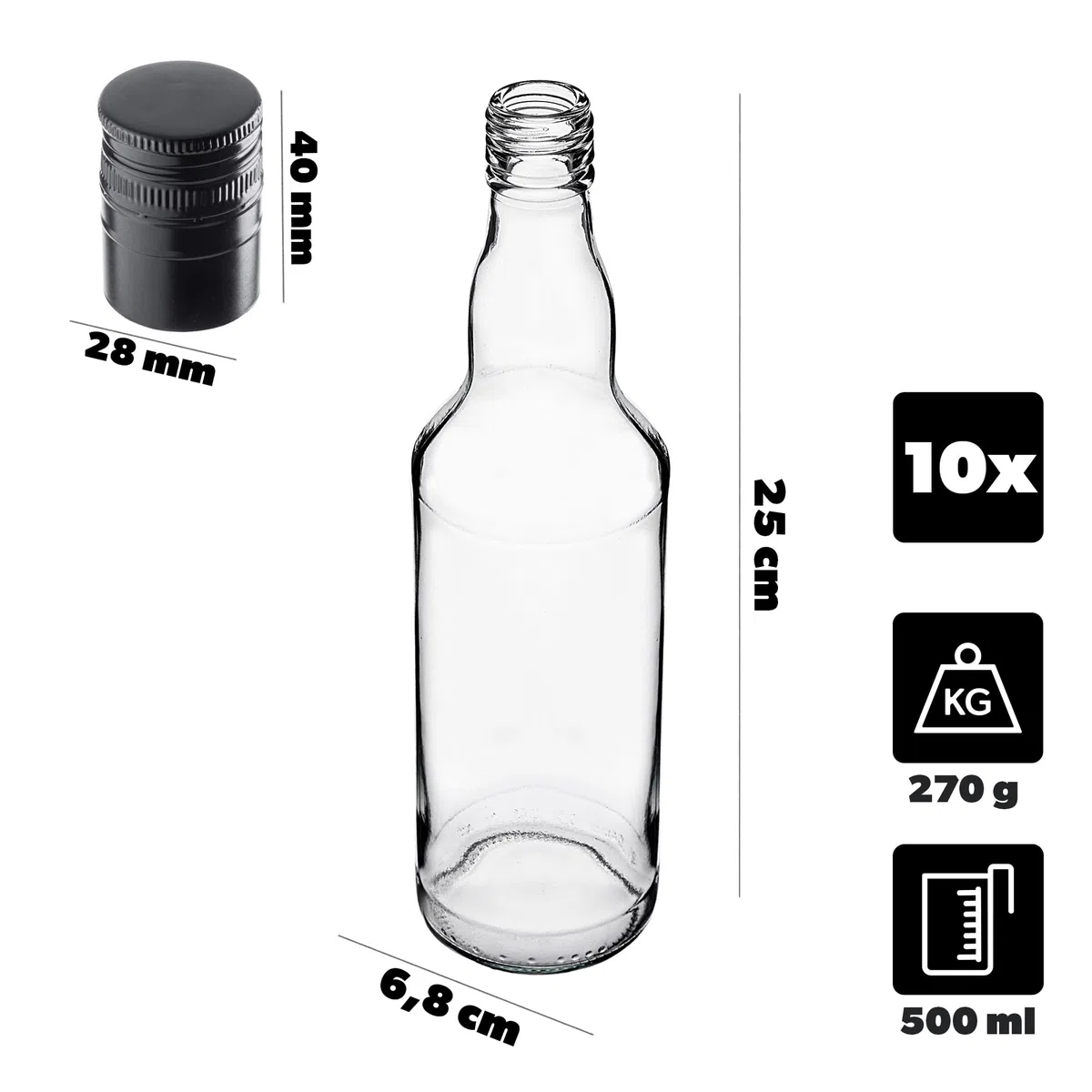 KADAX Set di 10 bottiglie in vetro 500ml con tappo a vite nero, lungo – bottiglie vuote da riempire per succhi, sciroppo, olio e liquore, conservazione alimentare