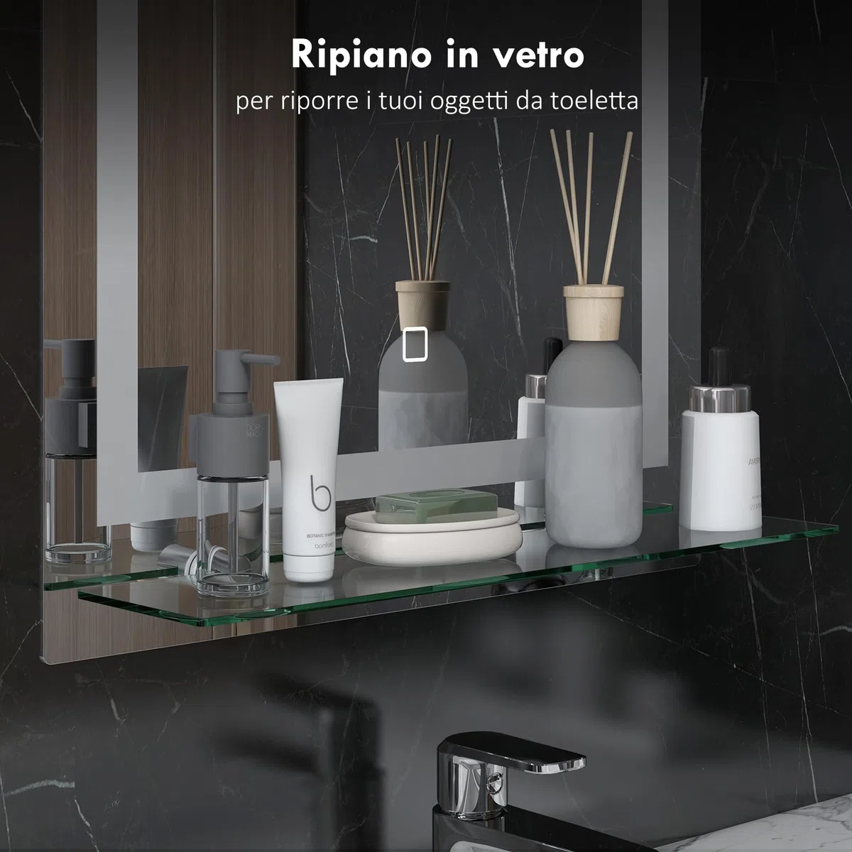 kleankin Specchio per Bagno a Luci LED a 3 Colori Regolabili con Mensola in Vetro, Specchio Illuminato con Funzione a Memoria in Alluminio e Vetro Temperato, 50x12x70 cm, IP44, Argento
