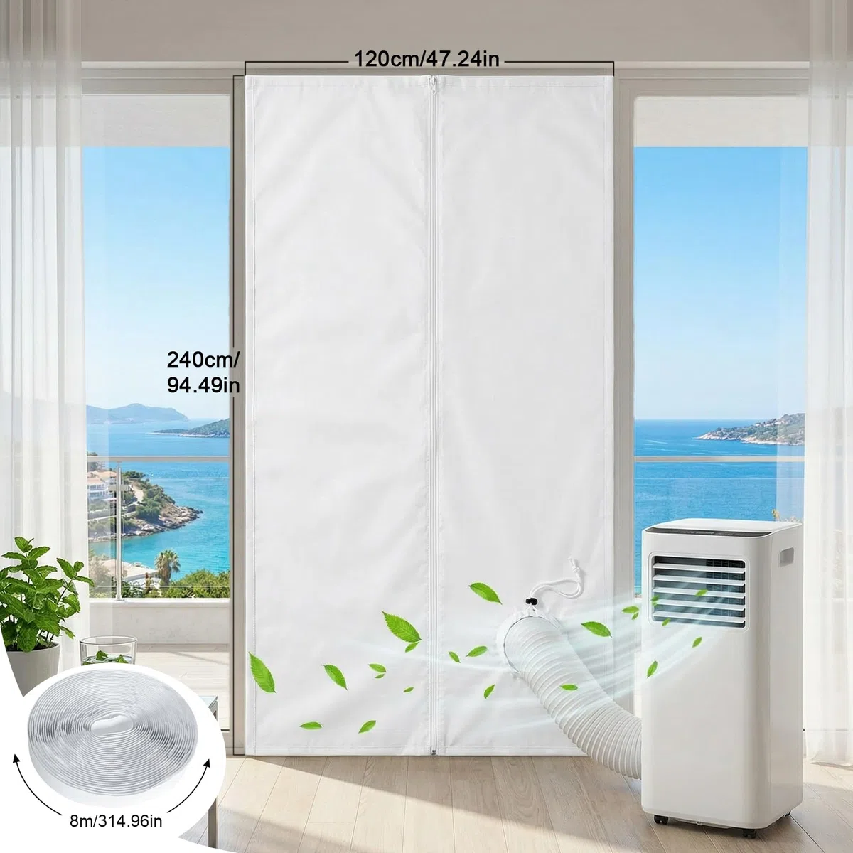 Guarnizione per finestra per climatizzatore mobile, 120 x 240 cm, con cordino e chiusura in da 8 m, con tasca con chiusura lampo, universale per tutti i tipi di finestre