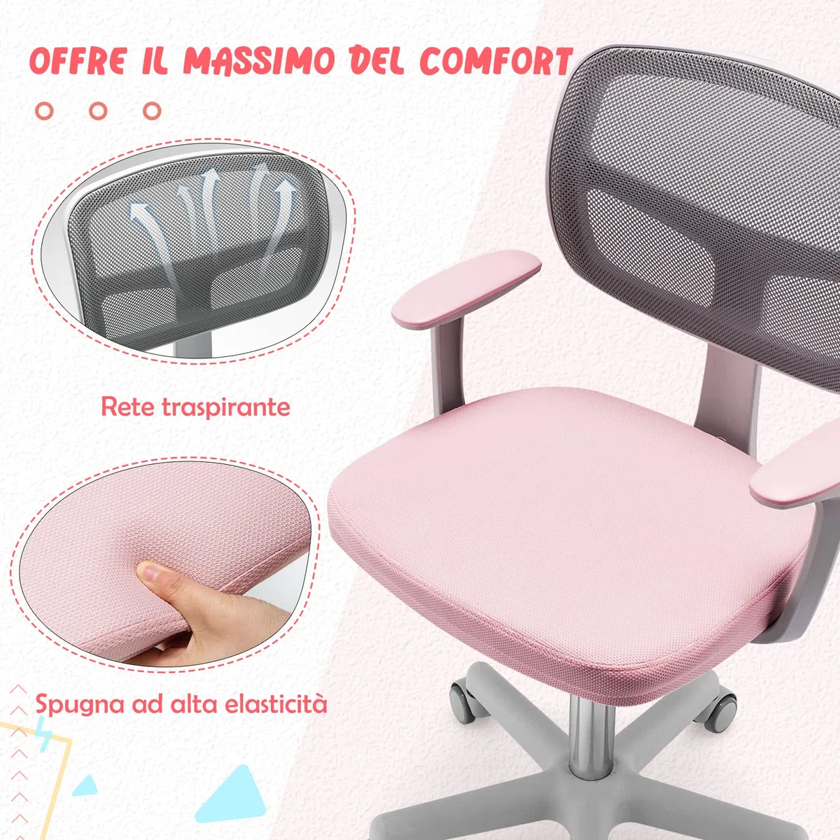 COSTWAY Sedia per Scrivania per Bambini, Sedia per Computer con Altezza Regolabile, Ruote, Sedile Girevole a Rete, Mobile Ergonomica per Bambini 3-10 Anni 3-10 Anni (Rosa)