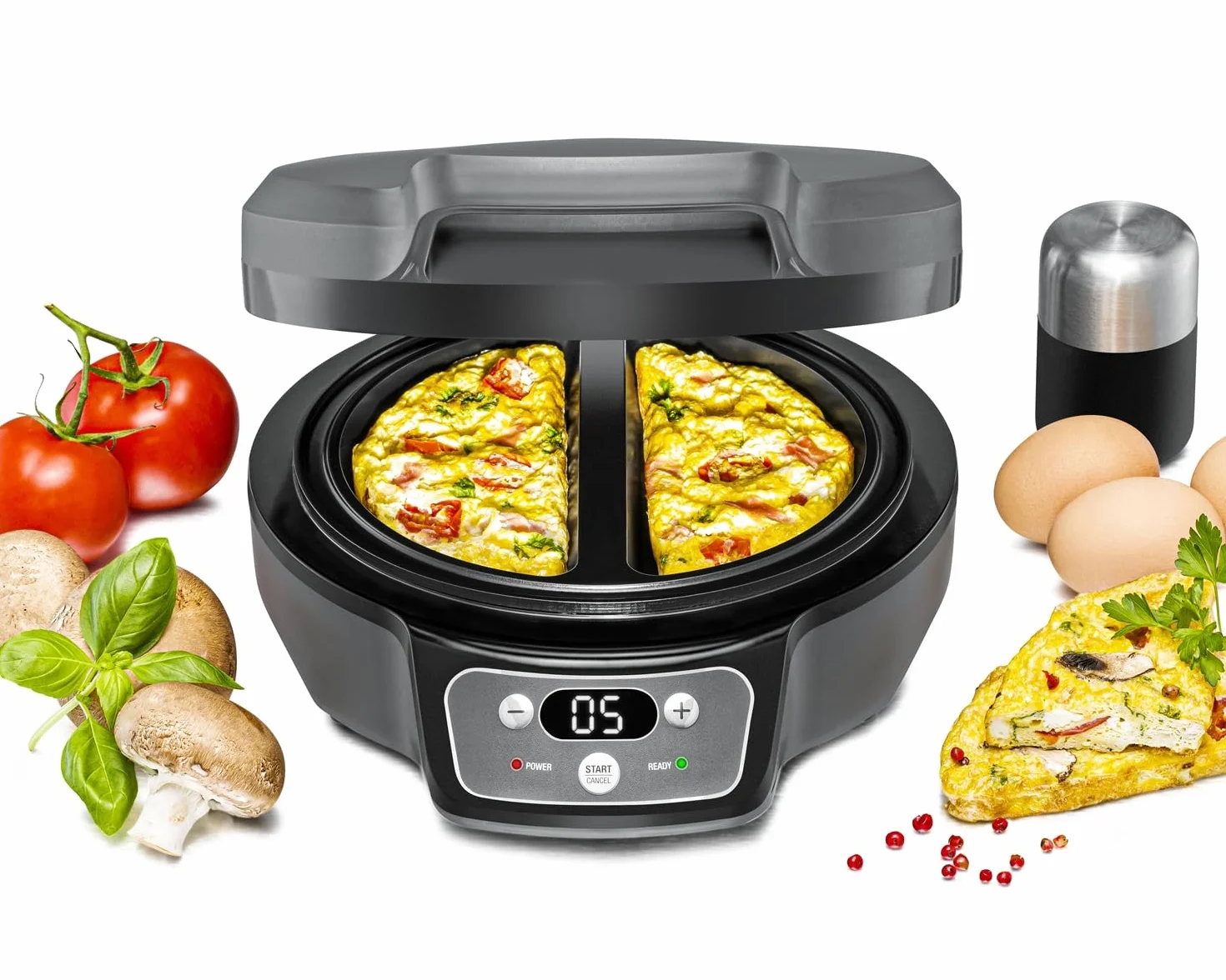 ROMMELSBACHER Omelett Chef OM 950 - Custodia Cool Touch per 2 omelette, rivestimento antiaderente, timer da 20 minuti, display LED, spie di controllo, grondaia, 950 Watt