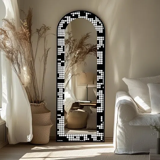 Specchio da pavimento a forma di punto monocromatico, lunghezza totale 50,8 cm x 160 cm (larghezza x altezza), specchio da pavimento con cornice nera e cornice nera