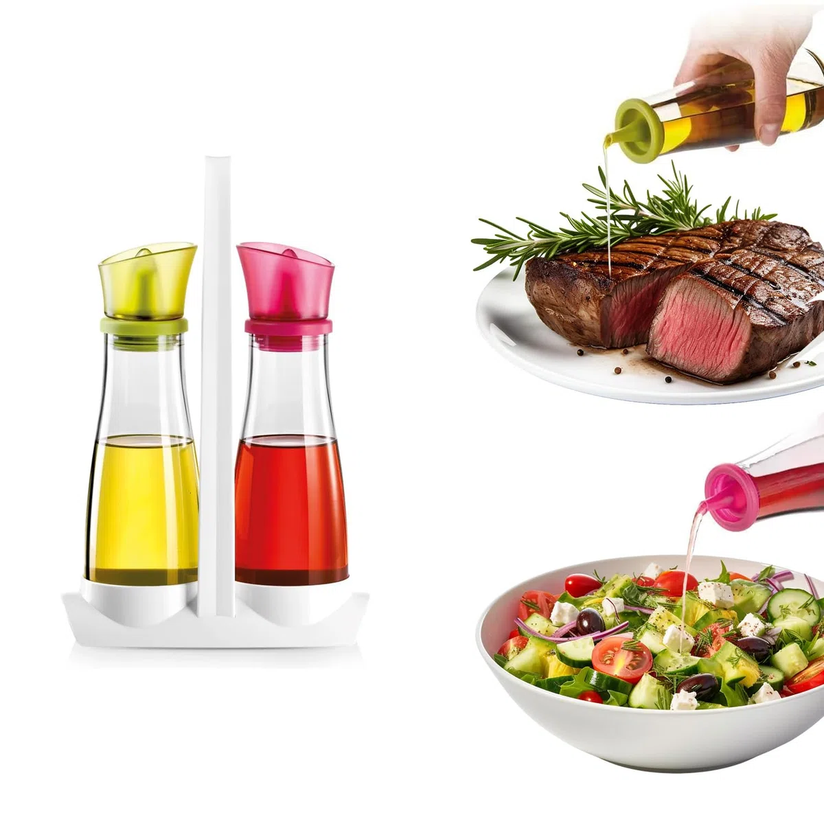Avilia Set da Tavola Olio e Aceto 250ml - Realizzate in Vetro Robusto - Beccucci Flessibili Antigoccia in Silicone - Tappi Colorati Verde e Bordeaux - Supporto Comodo ed Elegante - Facile da Pulire