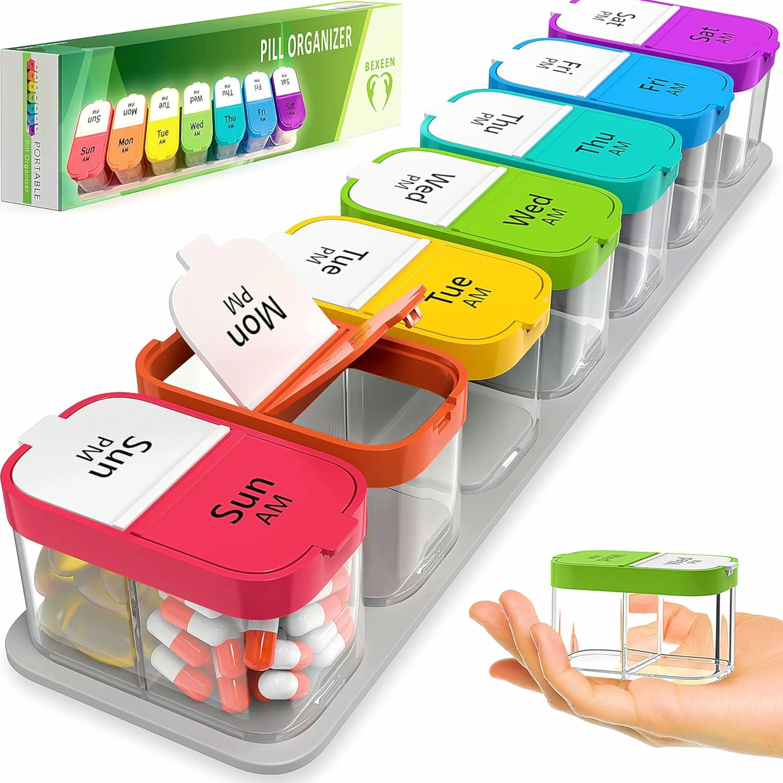 Portapillole settimanale XL con 7 scomparti staccabili AM PM - Dispenser portatile per medicinali per casa e viaggi, grande contenitore per integratori per uso settimanale o quotidiano, arcobaleno
