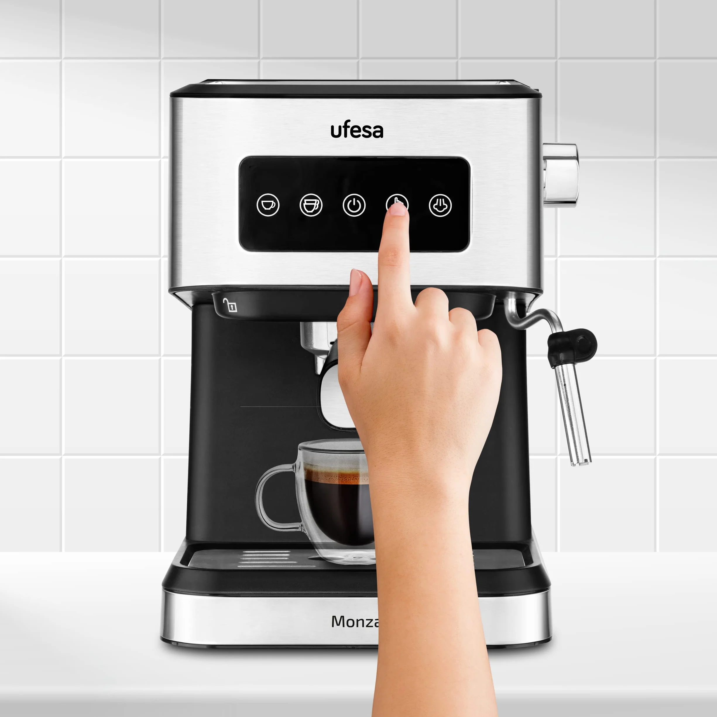 Ufesa Monza Macchina Caffè macinato e Cialde Monodose ESE, Pressione 20 BAR, Pannello Digitale Tattile, Vaporiera Regolabile, Serbatoio 1,5 L, Funzione Scaldatazze, 1050 W