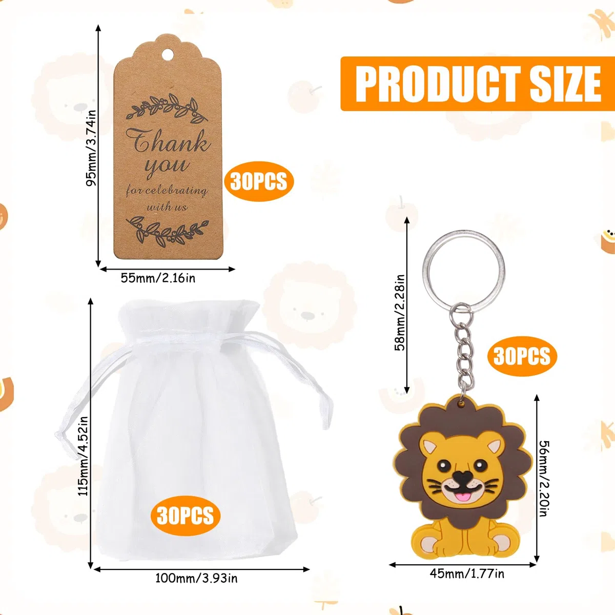 30 Pezzi Portachiavi Baby Shower Portachiavi Leone con Sacchetti Regalo in Organza,Carta Kraft Etichette Portachiavis Babys Shower Regalo Gli Ospiti per Baby Shower,Matrimonio Souvenir