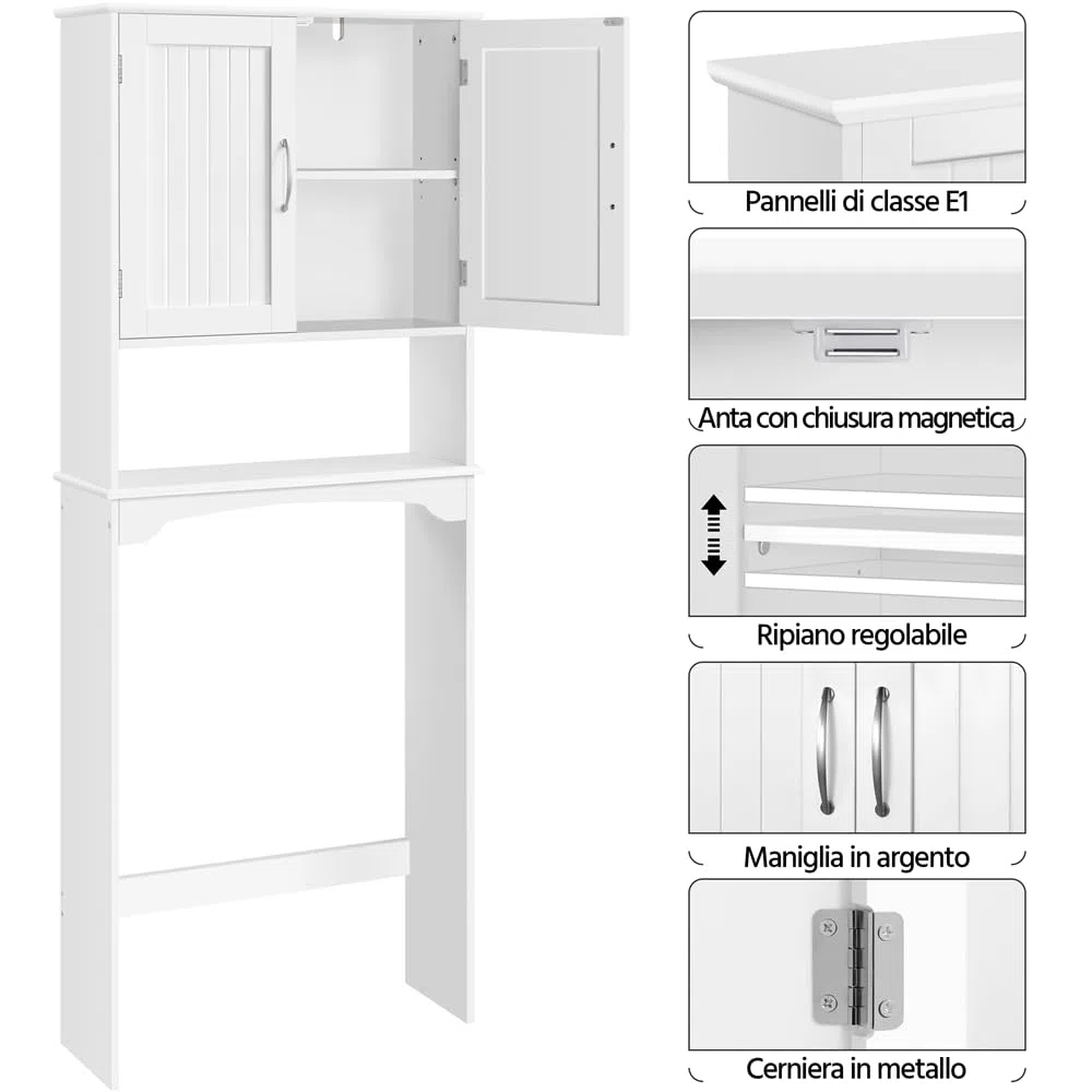 Yaheetech Mobile per Lavatrice Mobiletto da Terra sopra WC Scaffale sopra Toilette con Ripiano e Ante Organizzatore Bagno Design Moderno 75 x 23 x 180 cm