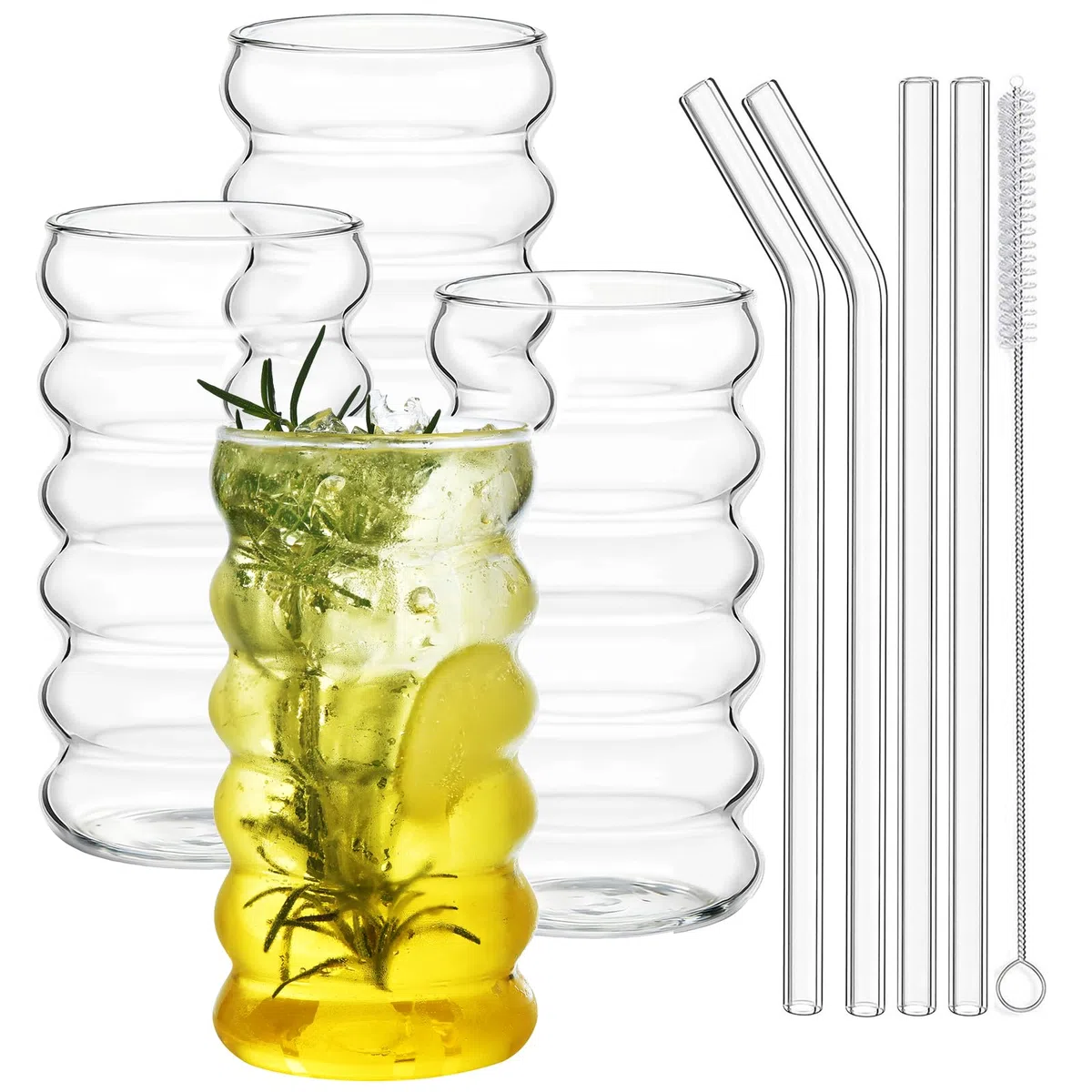 ALINK Set di 4 bicchieri di vetro a coste con cannucce, 473,6 ml, bicchieri da caffè ghiacciato, bicchieri da birra ondulati, bicchieri da birra per coctail, latte, soda, regalo con pennello