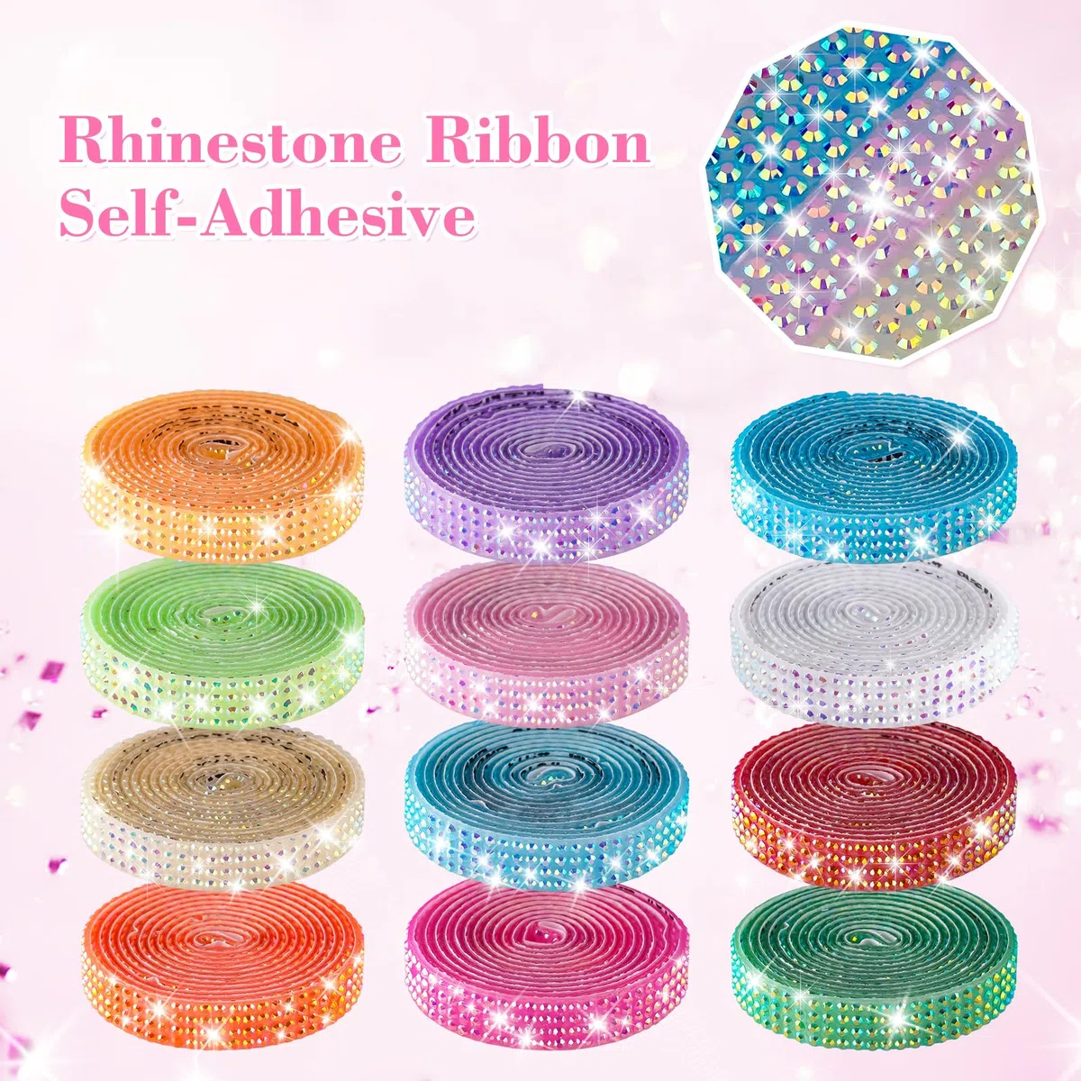 NiArt Set di 12 nastri autoadesivi con strass, 12 m di decorazioni scintillanti, 0,9 cm di larghezza, supporto adesivo facile, per fai da te e decorazioni per la casa
