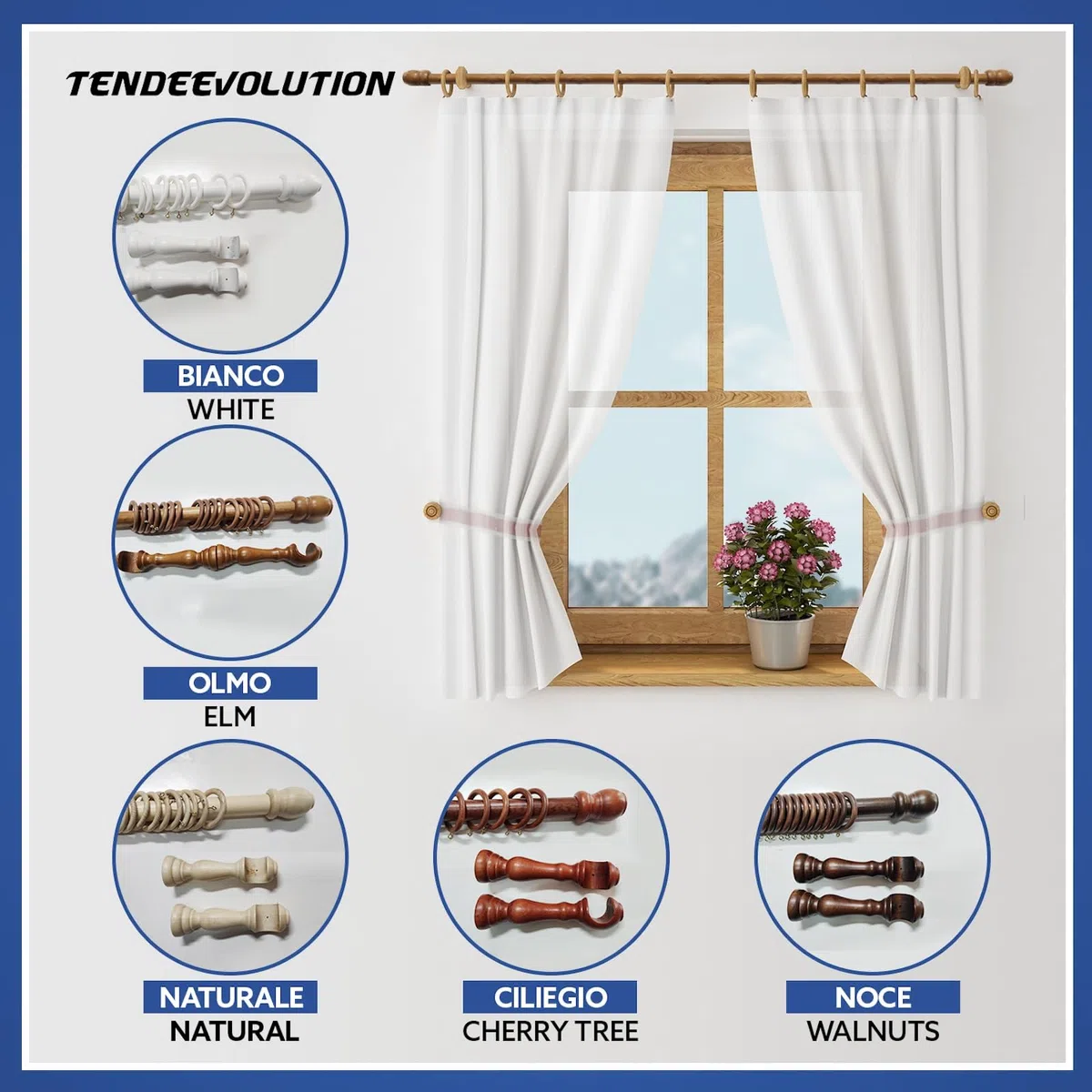 Bastone per Tende in Legno con Anelli completo di Accessori, Diametro 35 mm, Movimento Manuale, Bastone Tenda Bianco e Altri Colori con Supporti e Terminali, Zineffa per Tenda (CILIEGIO, 200 CM)