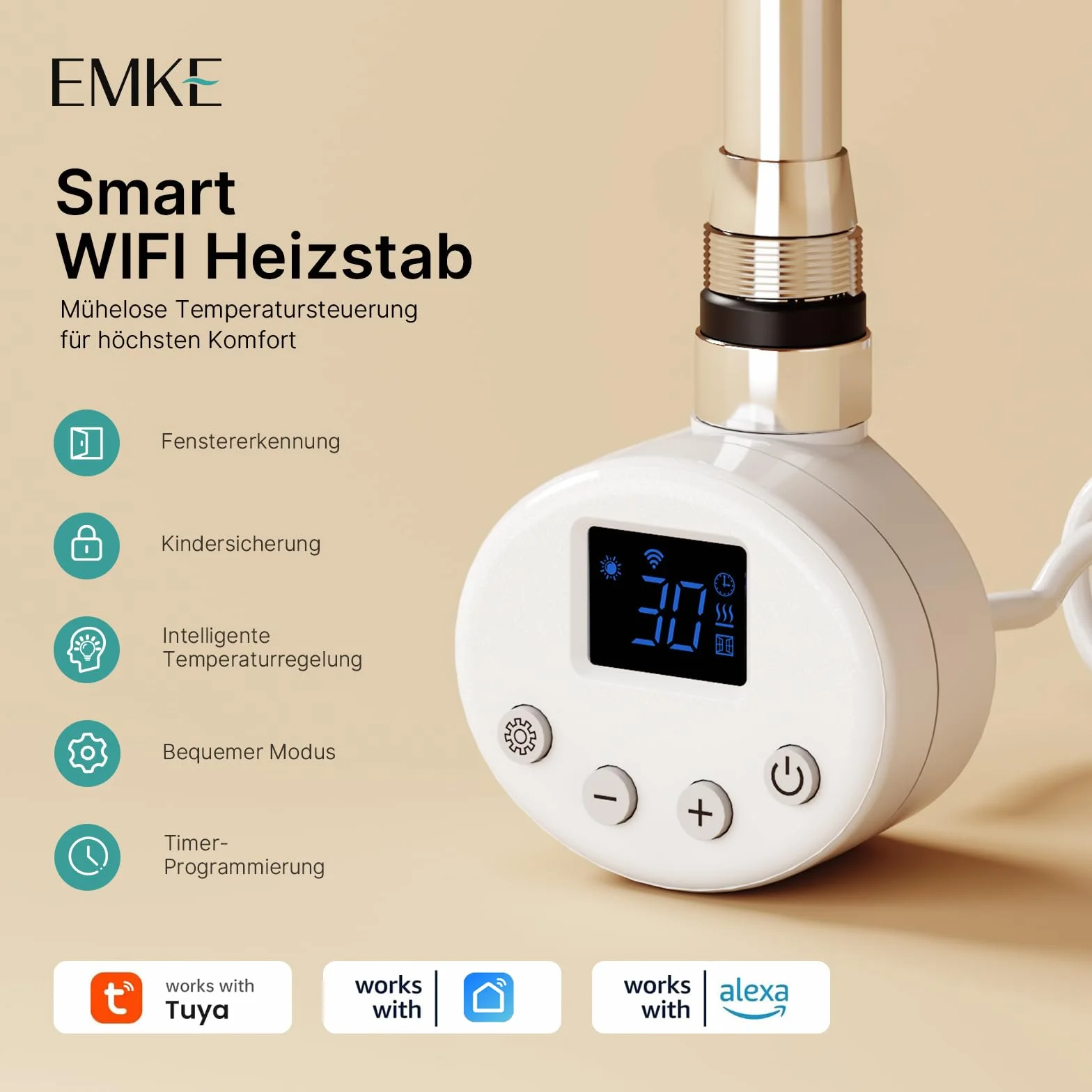 EMKE Barra riscaldante con termostato per termosifoni da bagno, 600 W, cartuccia di riscaldamento intelligente WiFi, in acciaio inox, per radiatore, scaldasalviette, scaldasalviette, elettrico, bianco