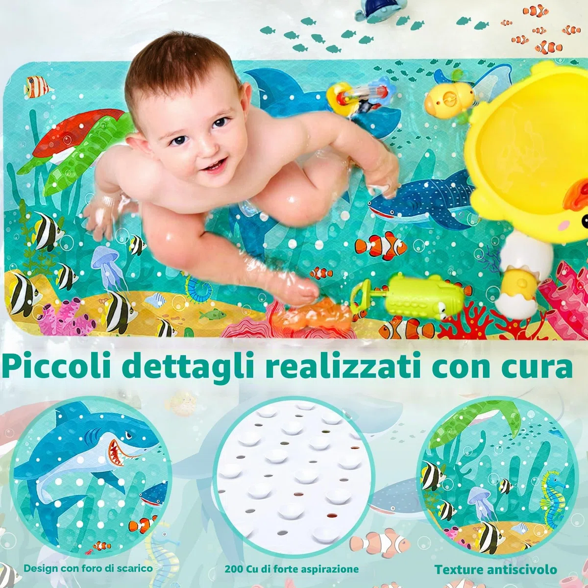 ZLPBAO Tappeto Antiscivolo Doccia, Tappeto per Doccia Bambini con 203 Ventose 100x40cm Tappeto Vasca Antiscivolo da Bagno e Doccia, Modello Animale Marino, Senza BPA