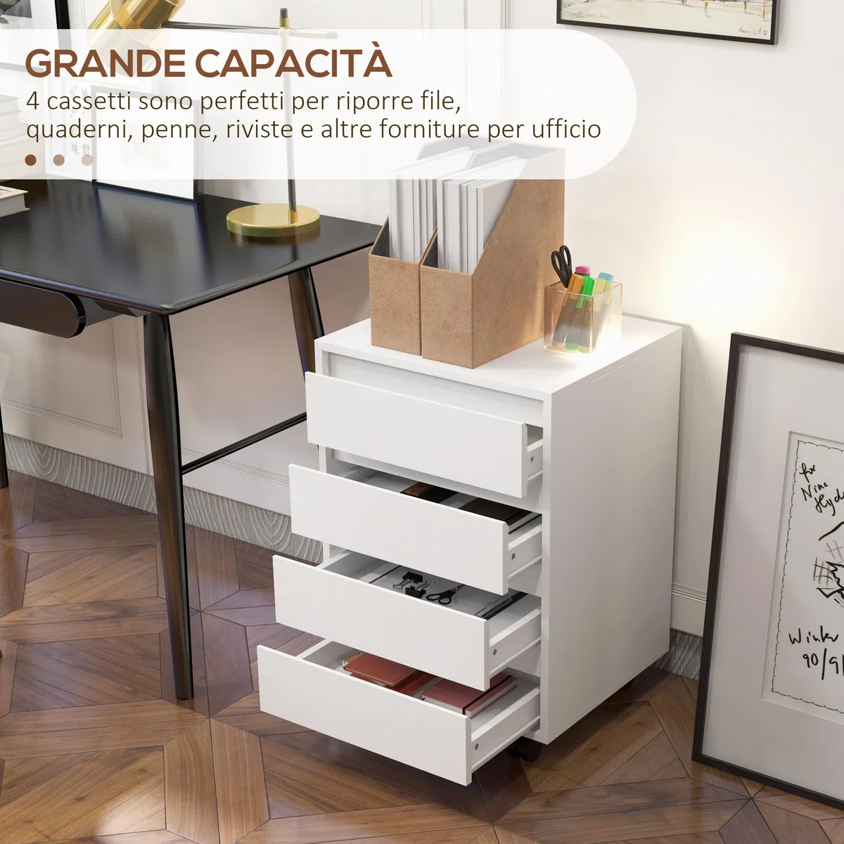 HOMCOM Schedario da Ufficio con 4 Cassetti, Ruote a Freno, Cassettiera Scrivania per Lettera/Formato A4/Legale, Cassettiera Ufficio per Studio Sotto Scrivania, 46x40x65 cm, Bianco