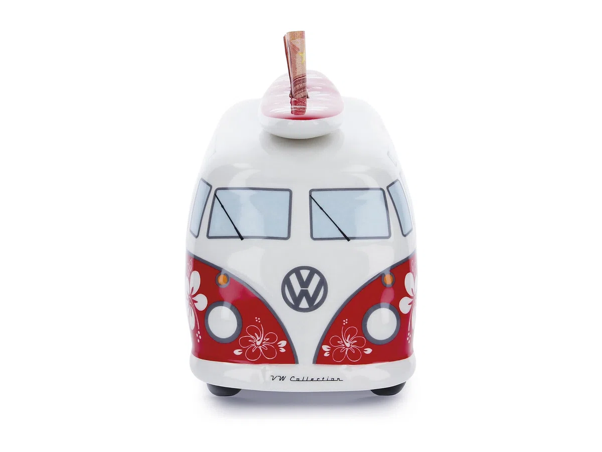 BRISA VW Collection - Volkswagen Salvadanaio in ceramica con tavola da surf, per risparmiare monete e banconote, VW Bus T1 design (Flower Power/Rosso)
