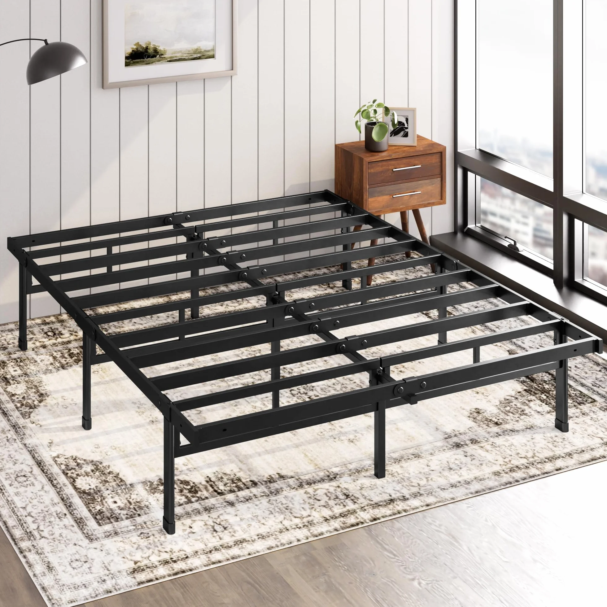 Zinus Justin Rete Matrimoniale 160x190 cm - Struttura Letto con Doghe in Metallo Incluse - Altezza 36 cm con Spazio Sottostante - Facile da Montare - Nero