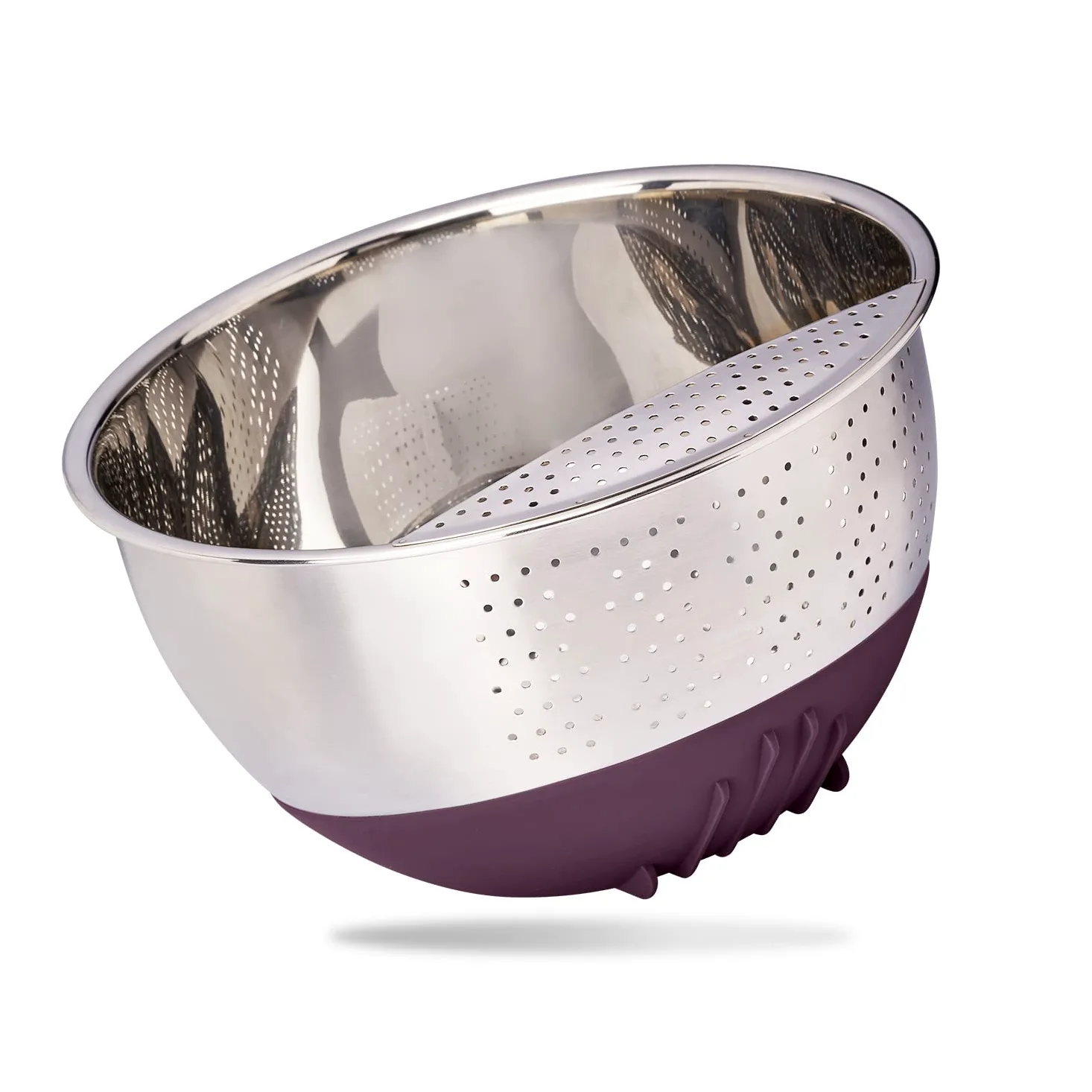 Reishunger Ciotola per bucato in acciaio inox (melanzana) – Colino per lavare riso e verdure – Con base in silicone antiscivolo