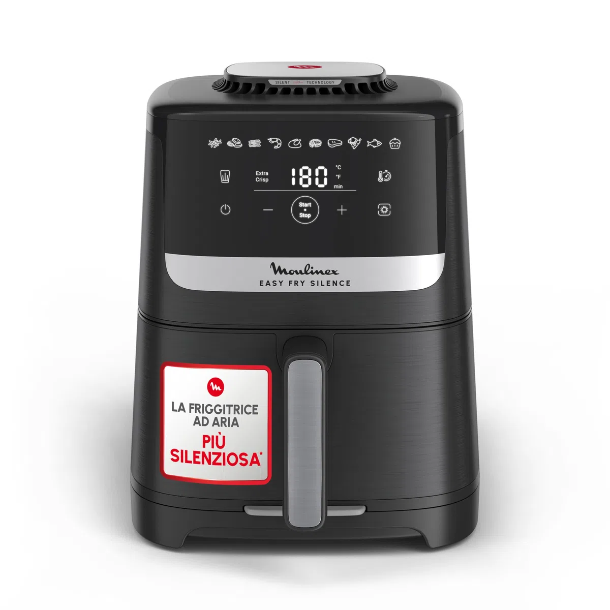 Moulinex Easy Fry Silence, Friggitrice ad Aria Silenziosa 5L/1.5kg per 6 Persone, 1670W, Sistema Easy Clean & Store, 10 Programmi, Touchscreen, Cestello Lavabile in Lavastoviglie, Nera, EZ5528