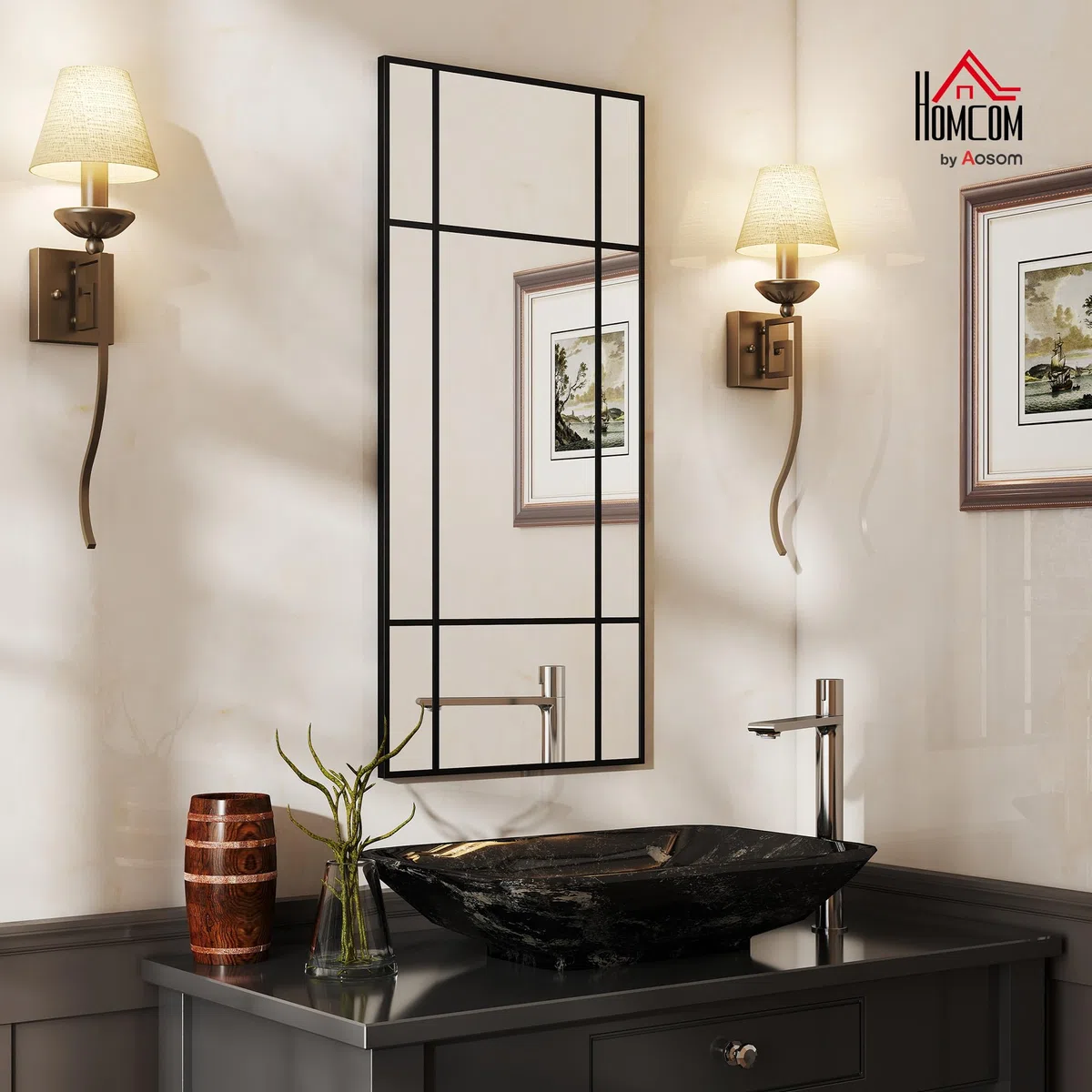 HOMCOM Specchio Moderno Stile Finestra, Specchiera da Camera e Soggiorno con Montaggio Verticale e Orizzontale, 110x50cm, Nero