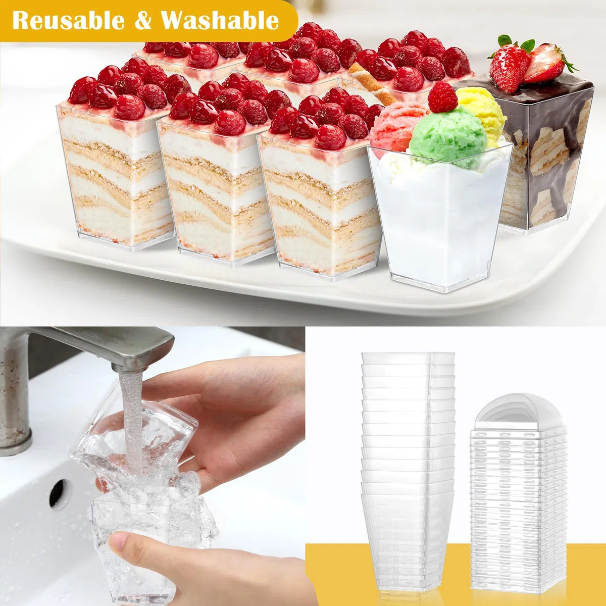 Hejo 50 Pezzi Dessert Bicchieri con Coperchio,160ml Riutilizzabili Bicchieri per Dessert,Ciotoline Monoporzione per Dolci con 50 Cucchiai,Quadrate Coppette Gelato Macedonia Budino