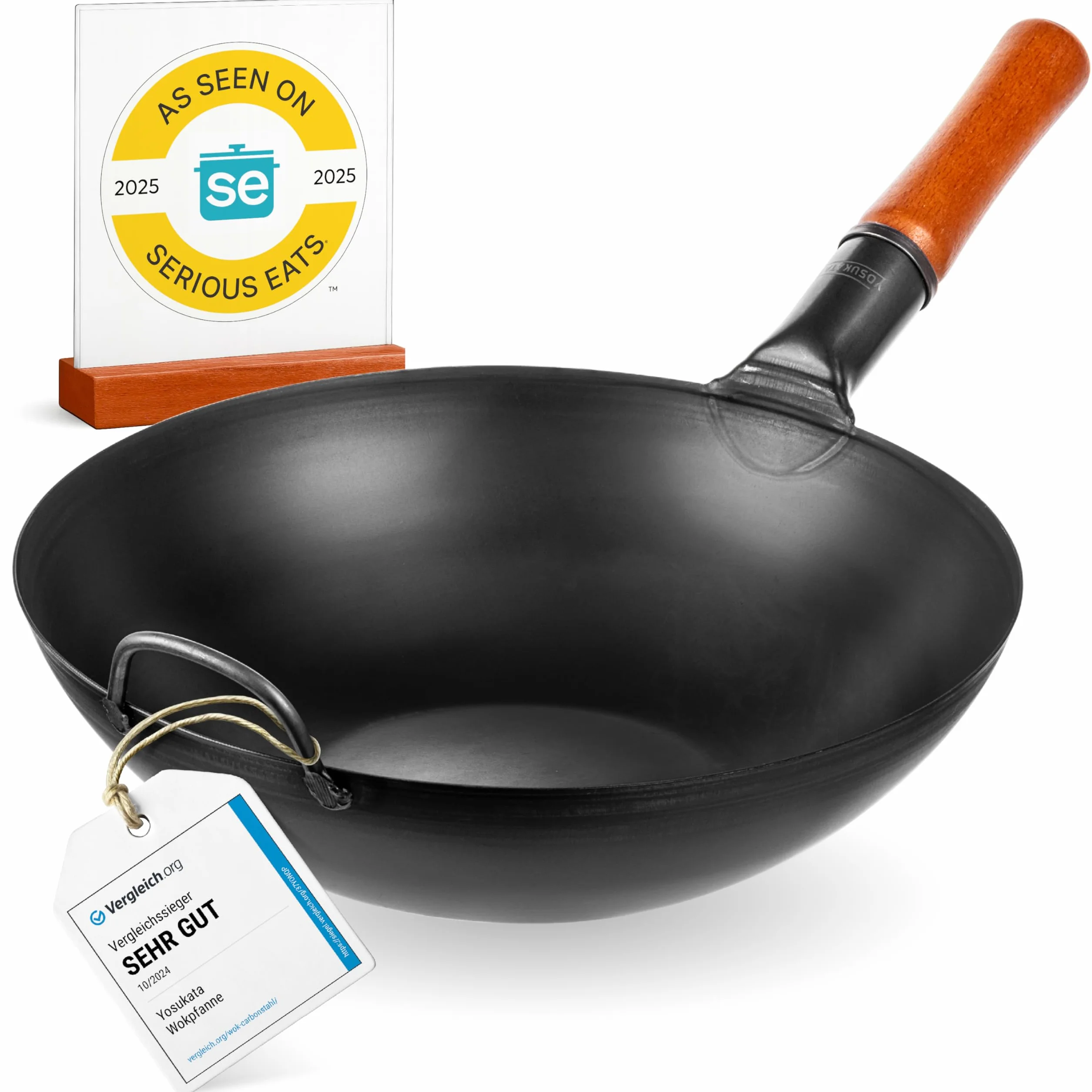 YOSUKATA Wok Padella Professionale 34 cm - Tradizionale Wok Acciaio al Carbonio Fondo Piatto Precondizionato Cinese Originale - Adatto a Gas, Induzione, Elettrico e Fuoco Aperto (Nero)