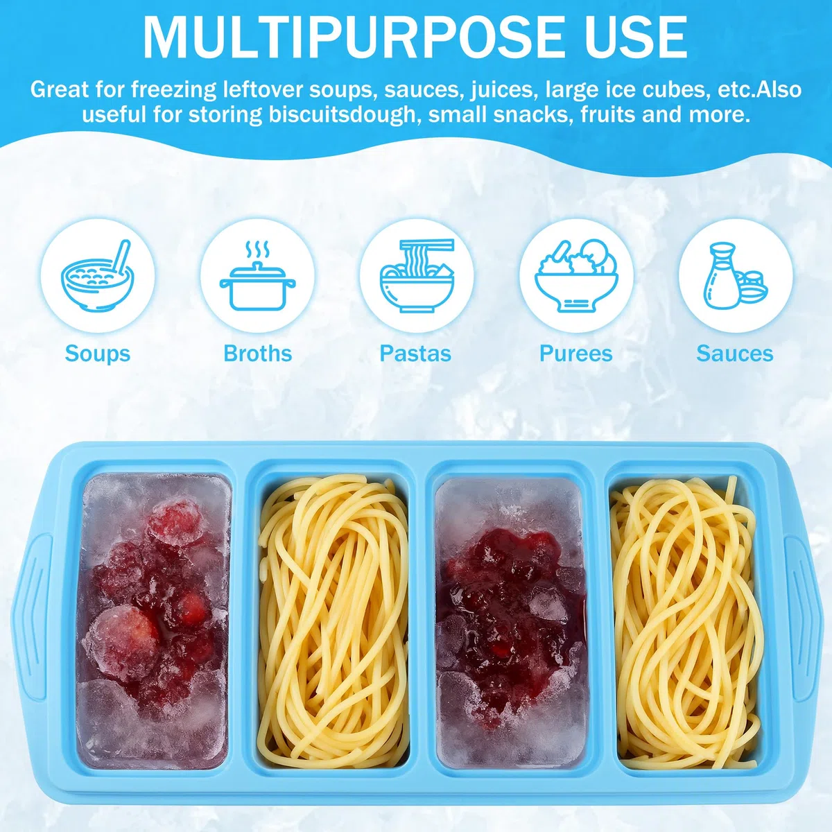 2 Pezzi Vassoio in Silicone Extra Large, Contenitori per Zuppe da Conservare in Freezer, Salse e Preparazioni Alimentari, 1 Tazza/250 ml, Azzurro Cielo (2, Rettangolare)