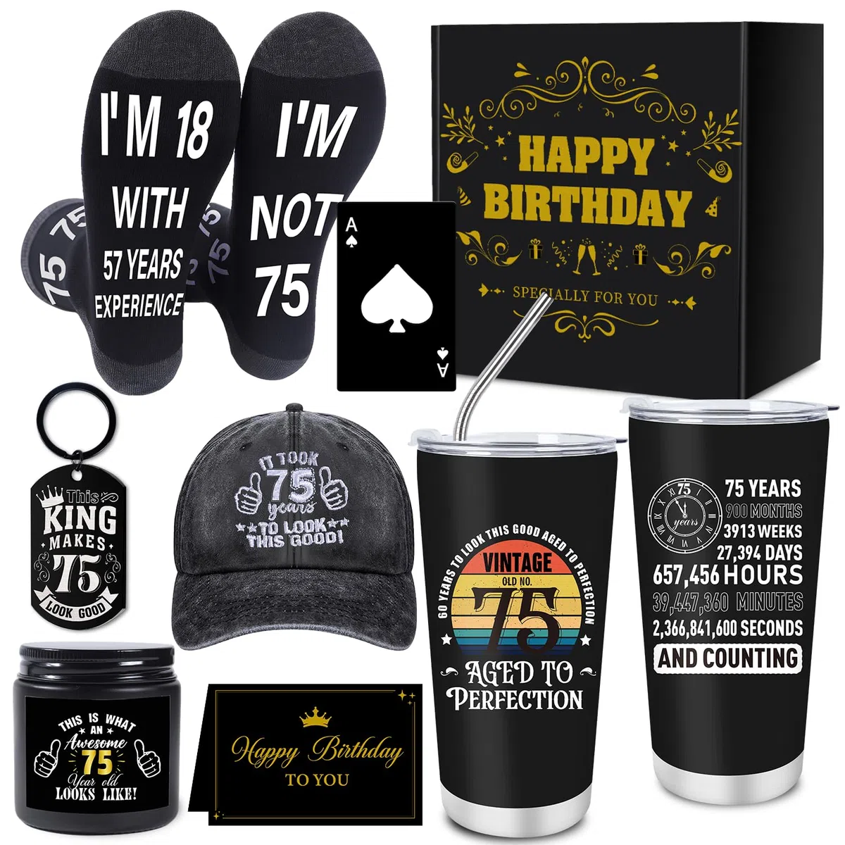 Regalo per il 75° compleanno da uomo, 7 pezzi, 75 anni, idea regalo per compleanno, tazza da viaggio da 590 ml, calzini divertenti, berretto da baseball, portachiavi, apribottiglie, candele, 75