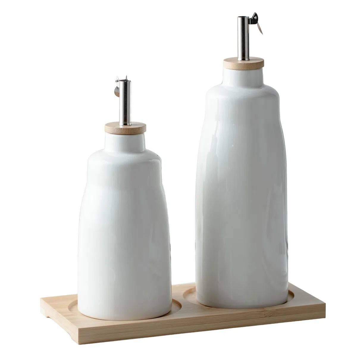 Set dispenser per olio d'oliva e aceto, bottiglie in ceramica per olio e aceto da 420 ml e 280 ml, con vassoio in bambù, 2 contenitori per olio con imbuto ed etichette.