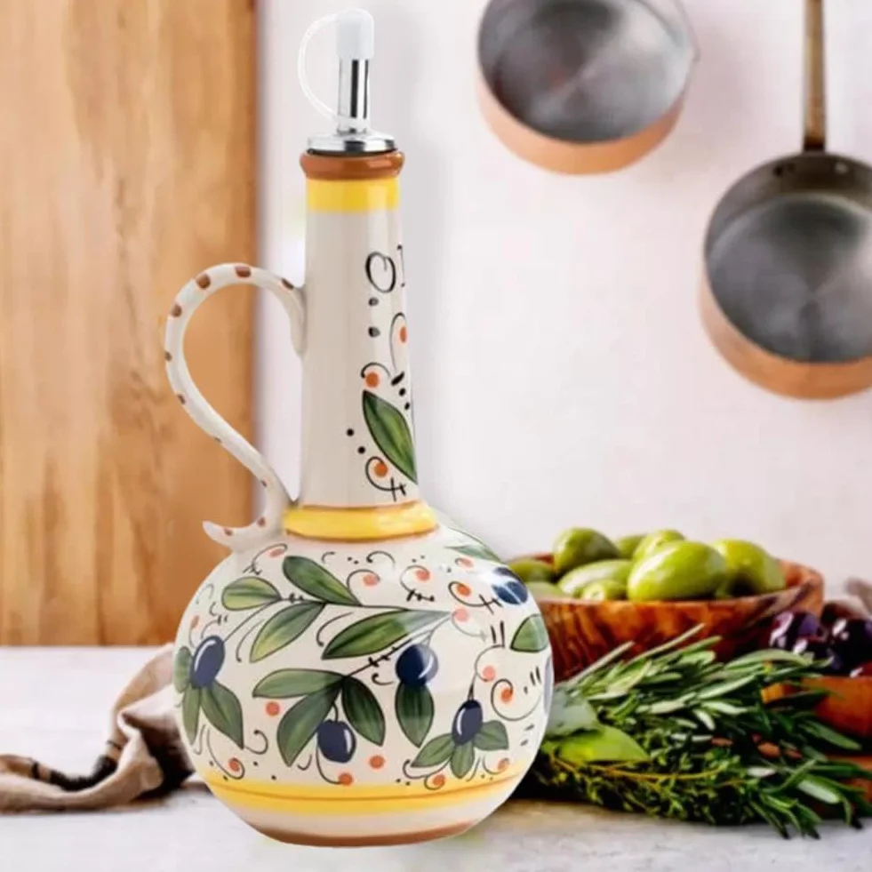 Oliera decorativa in ceramica per olio d'oliva, 500 ml, dipinta a mano, con beccuccio in acciaio inox, per oli, salse, aceto