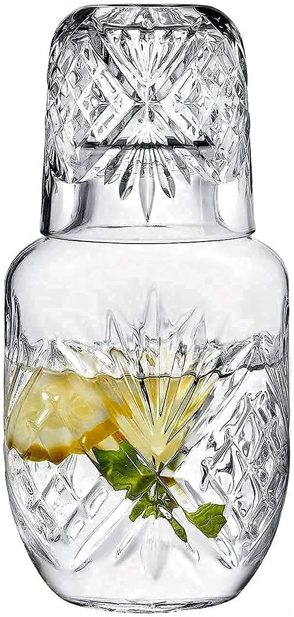 Set di caraffa e bicchiere da comodino in cristallo, caraffa da notte con caraffa e bicchiere, set da 2 pezzi con brocca e tazza da notte (525 ml)