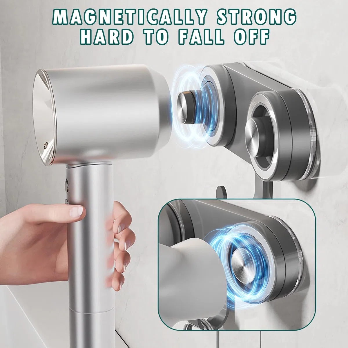 Supporto magnetico per asciugacapelli, con ventosa senza punzonatura, con gancio organizer per cavi, per asciugacapelli Dyson e Laifen
