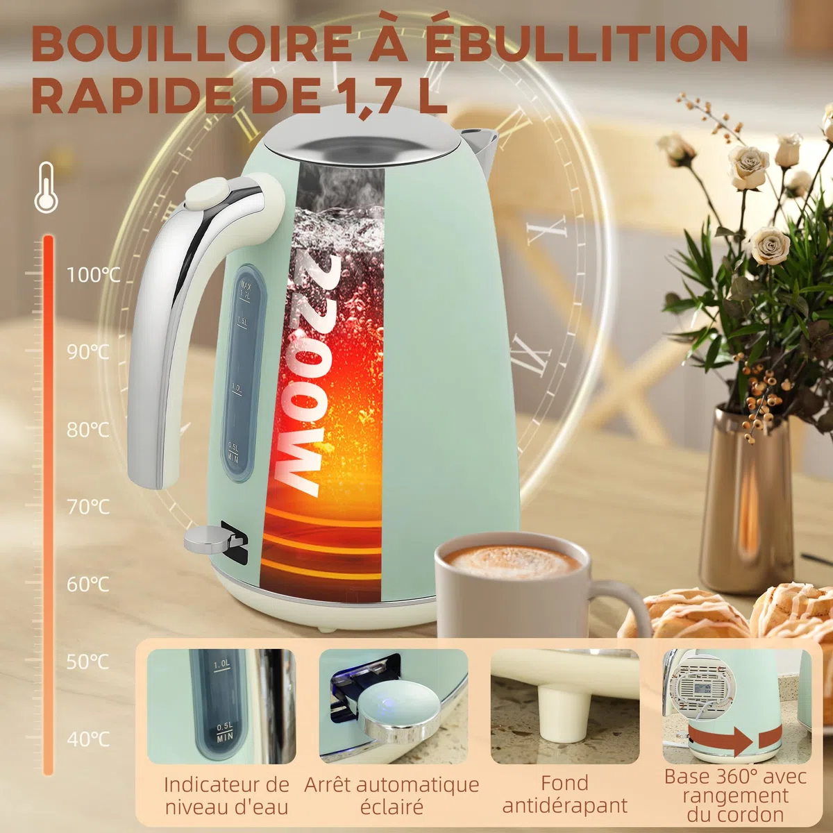 HOMCOM Set di bollitore e tostapane in acciaio inox 2200 W e 1,7 L, tostapane 2 fette, 7 livelli di brunitura, riscaldamento rapido, termostato Strix, filtro anticalcare e vassoio per briciole, verde