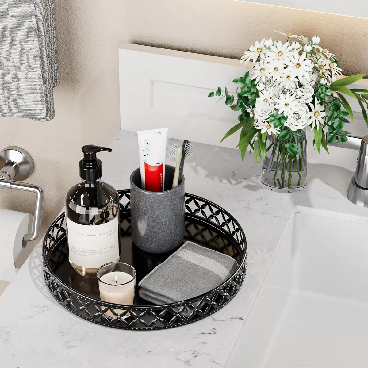 EKNITEY Bandeja para balcão de banheiro – Bandeja decorativa preta de 28 cm, bandeja organizadora para perfumes, cosméticos, joias, maquiagem