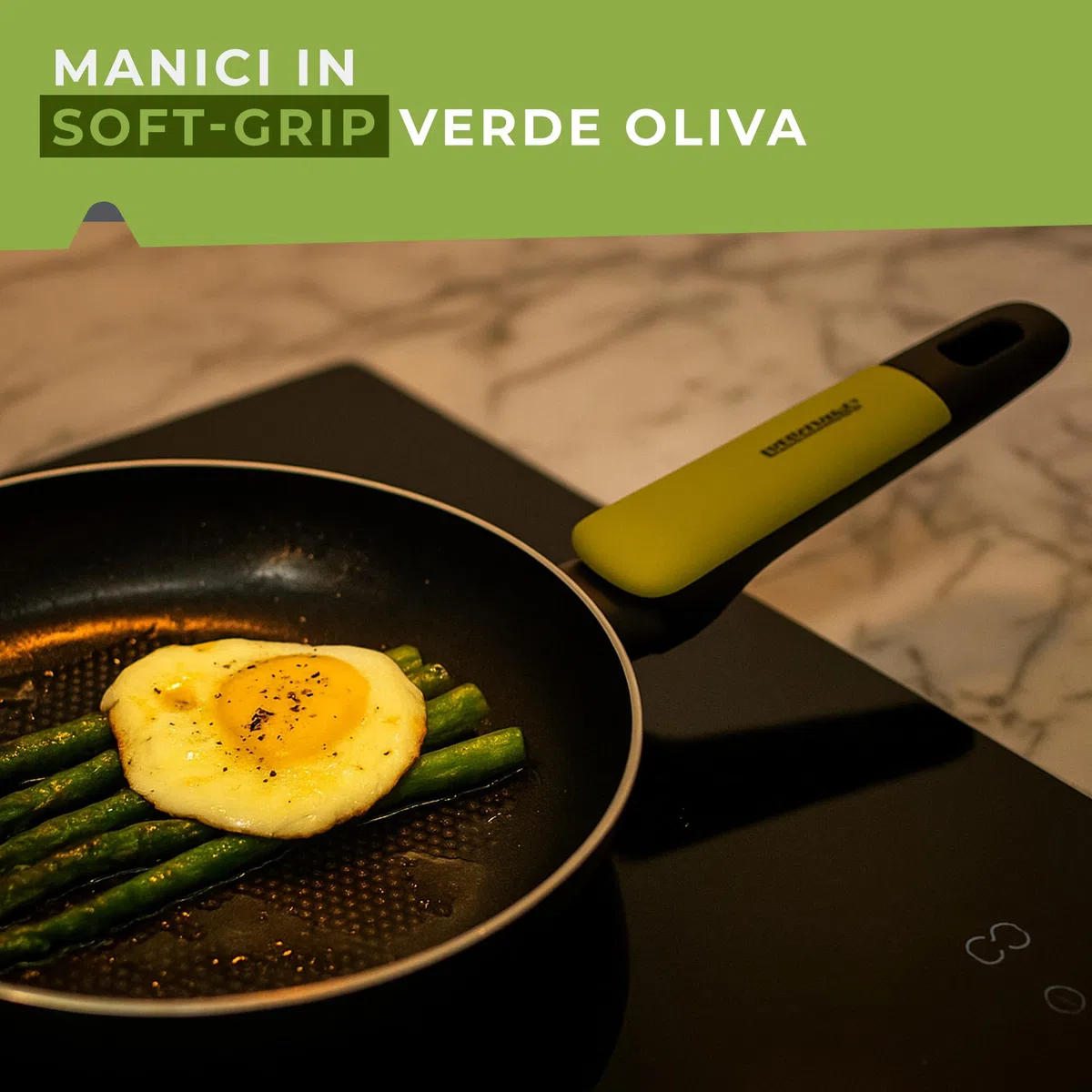 Fackelmann Padella Antiaderente Ø20 cm in Alluminio Riciclato PFAS FREE per una cottura sana, Padella per Induzione con Fondo Nido d’Ape, Manico Soft Touch, Linea Oliva