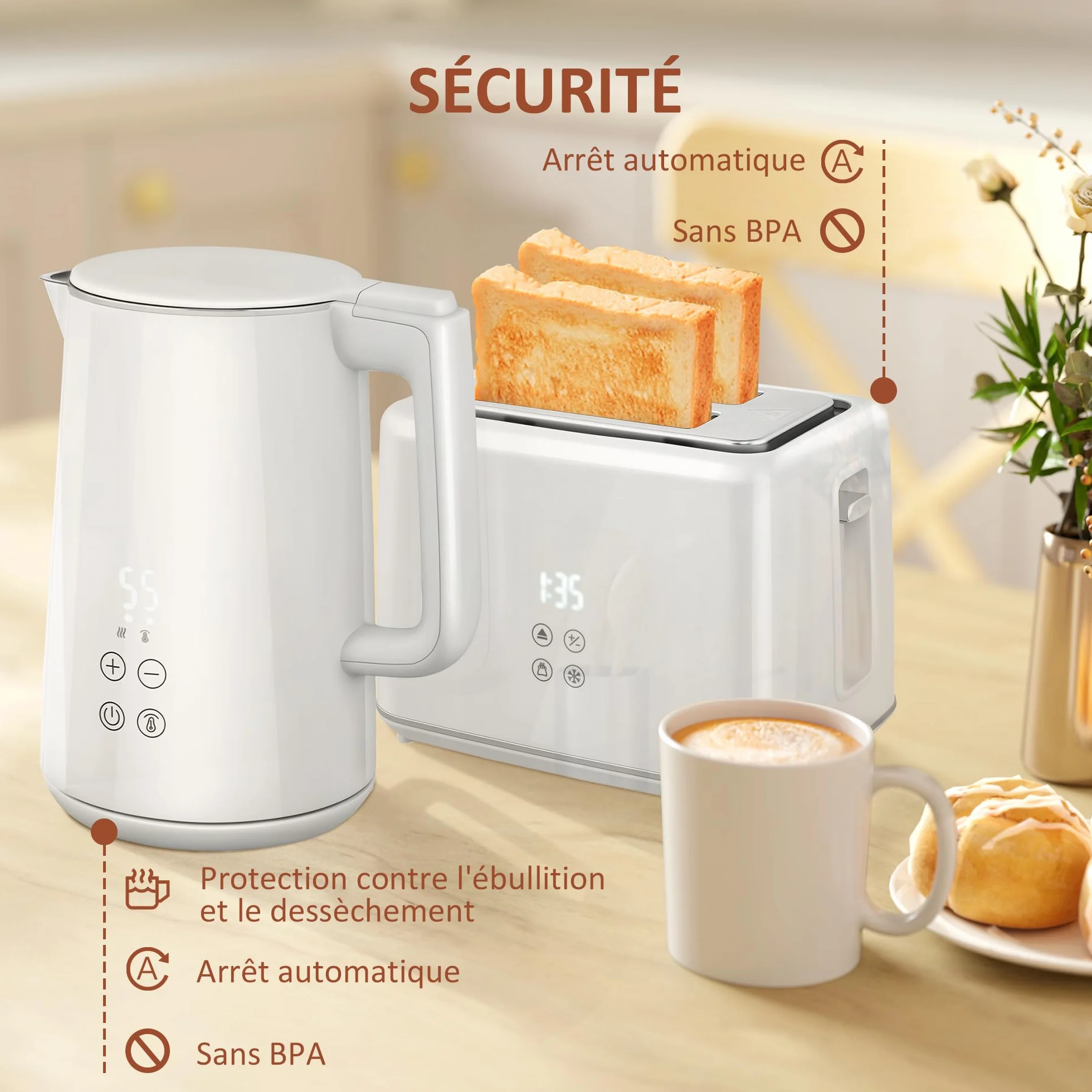 HOMCOM Set bollitore e tostapane 2200 W, bollitore in Acciaio Inox, 1,5 l, con Isolamento e tostapane 2 fette, 7 Livelli di brunitura, scongelamento, Riscaldamento e Vassoio per briciole, Crema