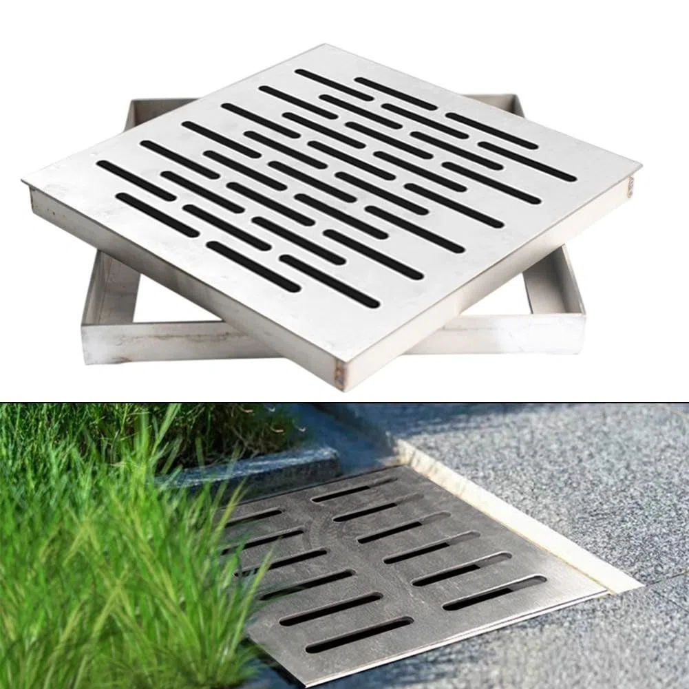 Copertura per scarico a pavimento in acciaio inox con telaio, antiscivolo, design multi-foro per drenaggio rapido, griglia esterna per strade, scuole e piazze (150 x 150 x 20 mm)