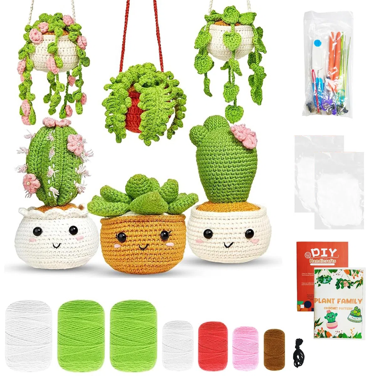 FARYODI Set all'uncinetto per principianti, cactus, fai da te, con uncinetto, filato, imbottitura, pennarelli, kit fai da te, con istruzioni per adulti e bambini