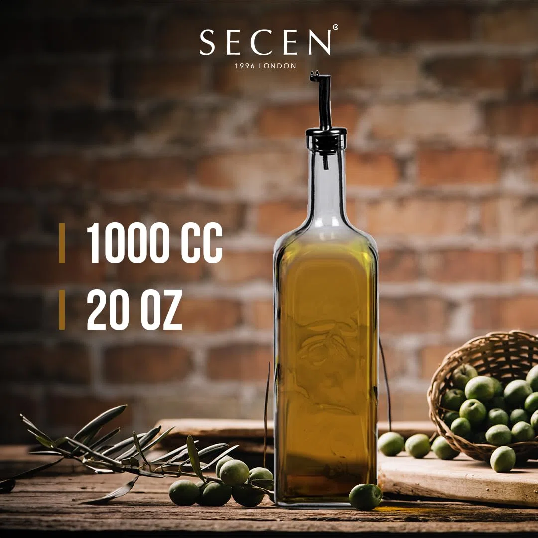 Secen LONDON - Oliera in vetro da 1 litro, con design decorativo, lavabile in lavastoviglie, in acciaio inox per alimenti, 1000 cc