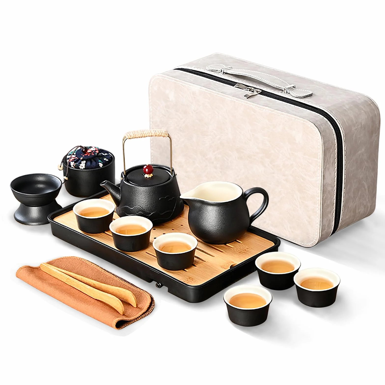 fanquare Set da Tè Nero Giapponese da Viaggio Teiera Kung Fu in Porcellana con Vassoio e Borsa Portatile Servizio da Tè Cinese per Uomo Donna Regali