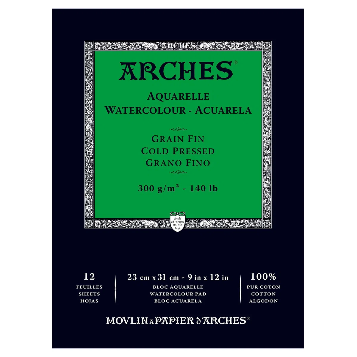 Arches Blocco Per Acquerello Incollato 1 Lato (12 Fogli) - Grana Fina - 300 G/Mq - 23 X 31 cm