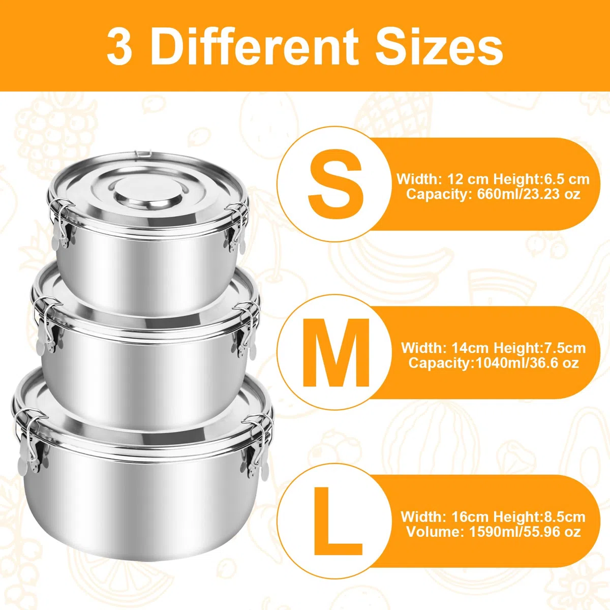 Contenitore in acciaio inox 304 per adulti e bambini, a prova di perdite, in acciaio inox, con coperchio per snack, frutta, cereali, zuppe (660/1040/1590 ml)