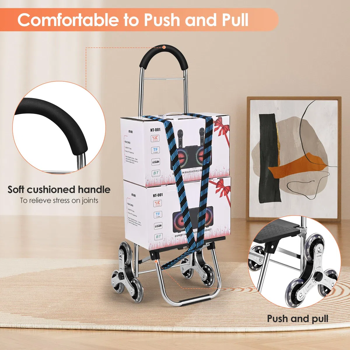 Carrello Spesa 3 Ruote Scale, Carrello Portaspesa Pieghevole, 32L, Capacità di Carico 30kg, Borsa di Stoccaggio Rimovibile, Ruote in Acciaio inox, per Salire le Scale