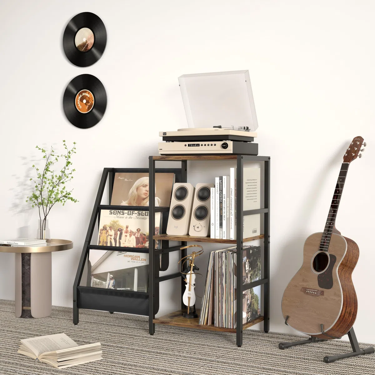 Mobile Giradischi e Porta Vinili, Porta Dischi Vinile, Vinili da Parete a 3 Livelli, Mobile per Giradischi e Vinili Archiviazione fino a 200 Albums, Cds