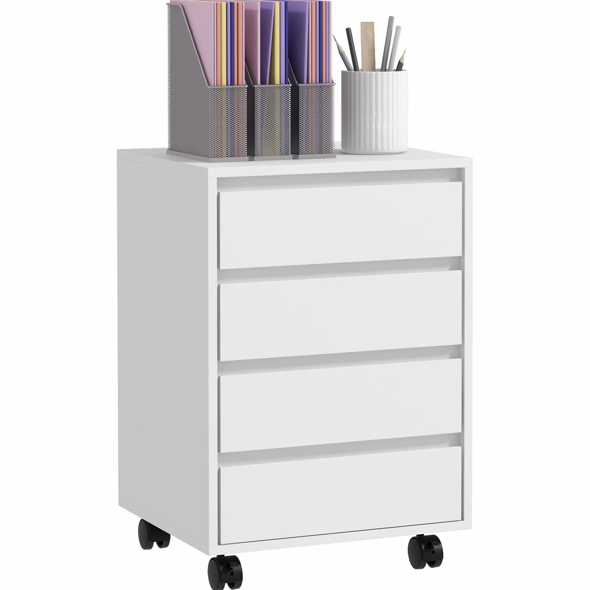 HOMCOM Schedario da Ufficio con 4 Cassetti, Ruote a Freno, Cassettiera Scrivania per Lettera/Formato A4/Legale, Cassettiera Ufficio per Studio Sotto Scrivania, 46x40x65 cm, Bianco
